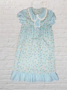 Vtg Handmade Nightgown YMED Blue Daisy Puff Sleeve Knee Length Cottage Prairie - Picture 1 of 7