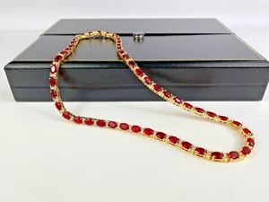 YELLOW GOLD FINISH Oval Cut Red Ruby and Round Cut Created Diamond Necklace - Picture 1 of 7