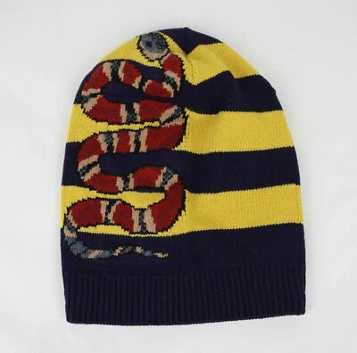 Gucci Blue/Yellow Striped Wool Knit Beanie with Snake M/58 500928 4075 - Image 1 of 4