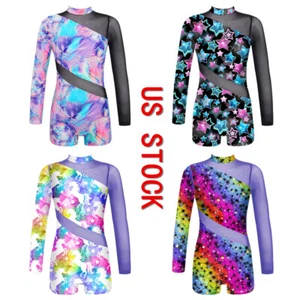 Girls Gymnastics Bodysuit Long Sleeve Jumpsuit Ballet Dance Leotards Unitards - Picture 1 of 24