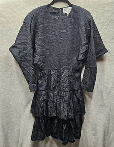 Vintage Womens Midi Dress 6 Black Dolman Sleeve Tiered 80s Disco Grunge Textured - Picture 1 of 10