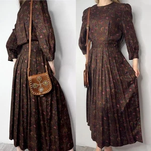 Maxi Vestido Midi Vintage Pradera Modesto Estampado Cachemira Oscuro Academia Talla XS - Imagen 1 de 5