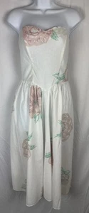 Oops California Strapless Smocked Back Midi Dress White w Flowers Cotton Sz 7/8 - Picture 1 of 21