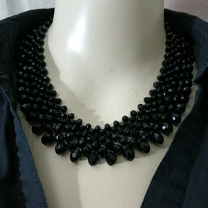Black Chunky Crystal Statement Necklace Hand Beaded Gems Bib Collar Regal Gothic - Picture 1 of 9