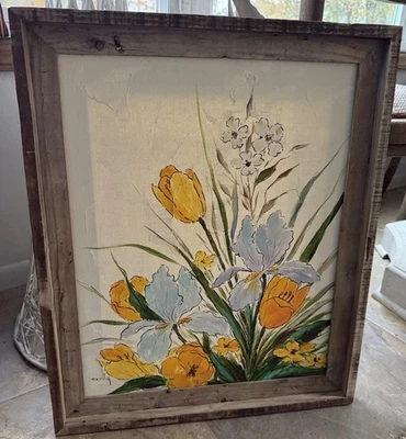 Signed S. Colby Vintage Yellow Blue Wildflowers Oil On Canvas Painting 23” x 19” - Image 1 of 4