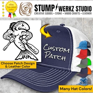 Custom Hat Trucker Baseball Cap Richardson Leather Patch Fishing Angry Trout - Picture 1 of 21