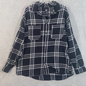 H&M Button Up Mens XL Black White Plaid Long Sleeve Shirt Pockets Oversized - Picture 1 of 14