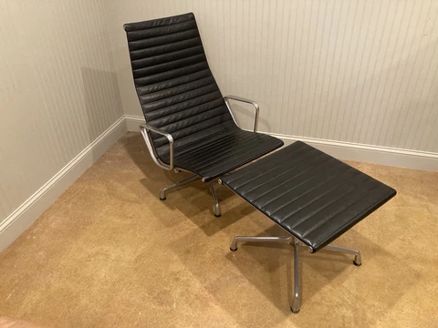 Herman Miller Eames Aluminum Group Lounge Chair and Ottoman Black Leather Cover