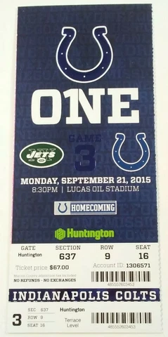 2015 Indianapolis Colts vs New York Jets NFL Football Full Ticket Stub Cover