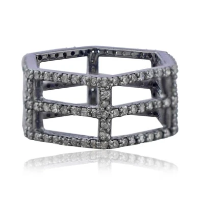 Anillo Pavé Natural Diamante Banda Negro Rodio Plata 925 Hecho a Mano Pavé Joyería Foto 1 de 4