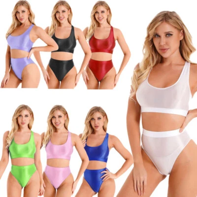 DE Damen Glänzend Dessous Sets Ärmellose Tank top Tanga Unterwäsche Badeanzug - Bild 1 von 2