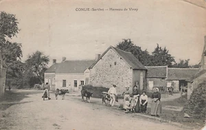ESCENA CALLEJERA PUEBLO CON VACAS Y GENTE POSTAL CONLIE SARTHE FRANCIA 1910 - Imagen 1 de 2