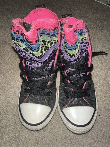 Converse All Star taglia 12c linguetta arruffata alte nero rosa glitter