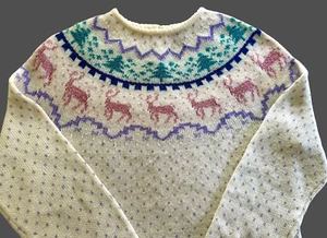 1980's RICKI Fair Isle Sweater with Purple, Pink & Green Pastels on White Vtg Lg - Picture 1 of 23