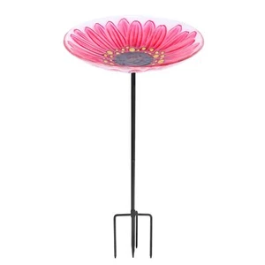 Glass Bird Bath, Garden Outdoor Birdbaths Birdfeeder with Metal Stake Pink Fl... - Picture 1 of 7