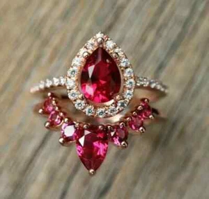3Ct Pear Lab-Created Ruby & Diamond Women Bridal Ring Set 14K Rose Gold Plated - Picture 1 of 4