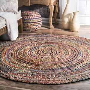 Handgefertigte geflochtene natürliche Jute mit mehrfarbigen Baumwolldesign runde Flächenteppiche - Bild 1 von 3