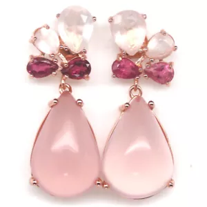 Unheated Gemstone Pink Rose Quartz & Rhodolite Earrings 925 Sterling Silver - Picture 1 of 4