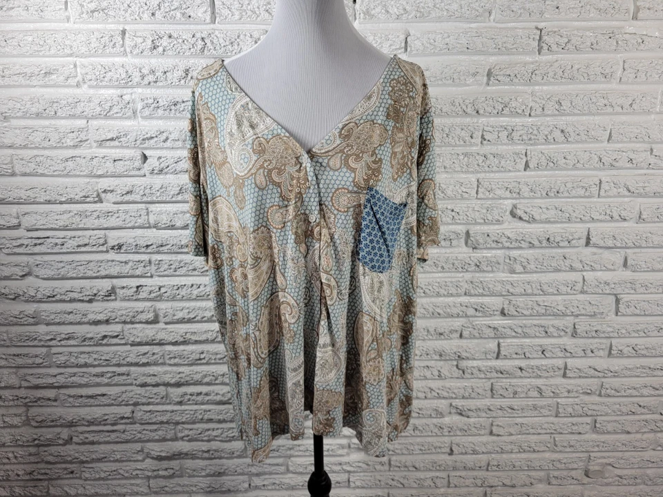 Live Well Womens Top 22W 24W Plus Pajama Blue Tan Paisley Pocket Loungewear Soft - Image 1 of 4