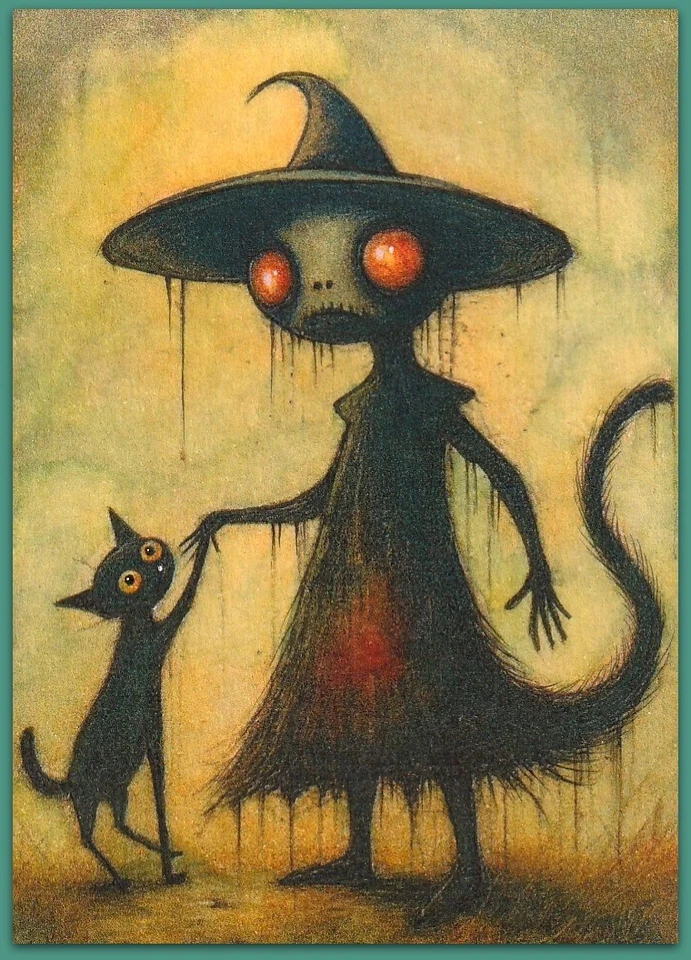 Pintura acuarela ACEO 2,5x3,5 - gato gatito bruja fantasía caprichosa surrealista Foto 1 de 1