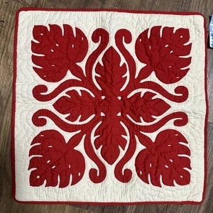 Hawaiianischer gesteppter 16 Zoll Kissenbezug - Monstera 4 Ecken - rot/weiß - Bild 1 von 4