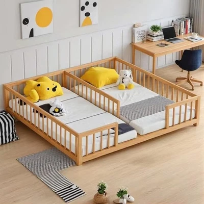 Cama de piso Montessori doble tamaño doble para dormitorio de niños, marco de cama de madera maciza con... Foto 1 de 4