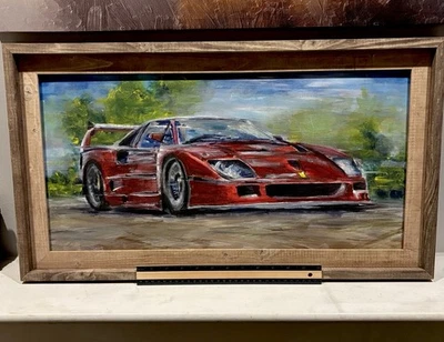 Pintura original de carro de corrida Ferrari F40 LM exclusiva feita à mão emoldurada arte de colecionadores - Imagem 1 de 4