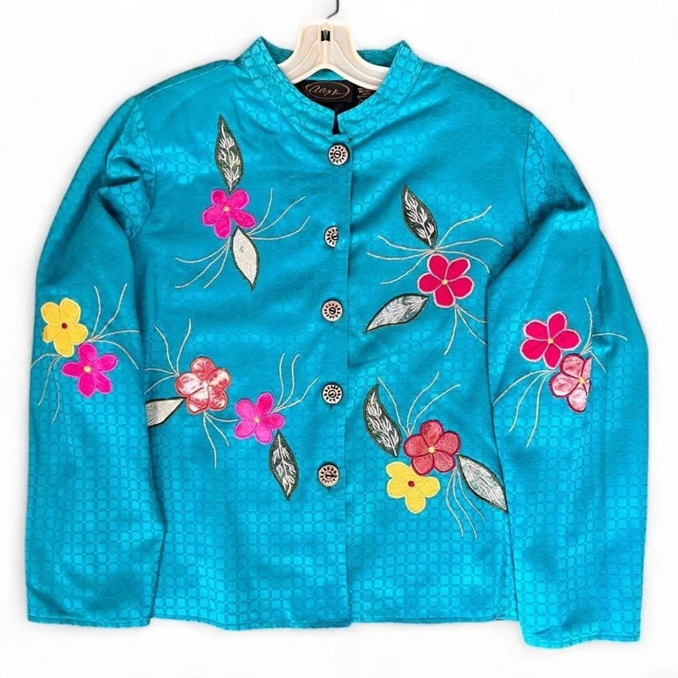 Vintage Alex Kim Blue teal floral embroidered button-up tunic Japanese jacket XL - Image 1 of 4
