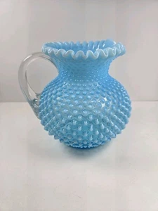 Fenton Blue Opalescent Glass Hobnail 80 Oz. Jug Pitcher Ruffle Top - Picture 1 of 11