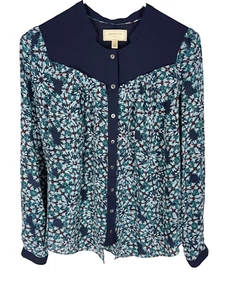 Anthropologie Moulinette Soeurs Blouse 4 Blue Silk Ditzy Classy Business Office - Picture 1 of 5