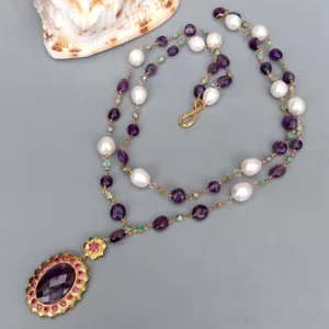 21" 2 Rows White Pearl Purple Amethyst Amazonite Chain Necklace Amethyst Pendant - Picture 1 of 6