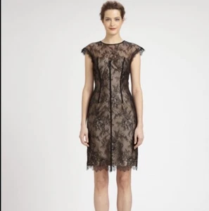 ML Monique Lhuillier Capsleeve Lace Overlay Dress Black Nude Sz 2 - Picture 1 of 11