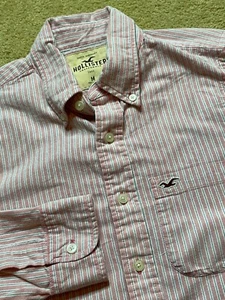 Hollister Red / Pink White Pinstripe Long Sleeve Oxford Button Up Dress Shirt M - Picture 1 of 4