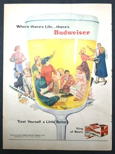 1956 Budweiser Bier ausgefallene Dinner Party durch gesehen Bierkelch Vintage Druck Werbung - Bild 1 von 1