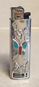 Vintage Genuine Turquoise Silver Alloy Lighter Case Sleeve Repousse Butterflies - Picture 1 of 8