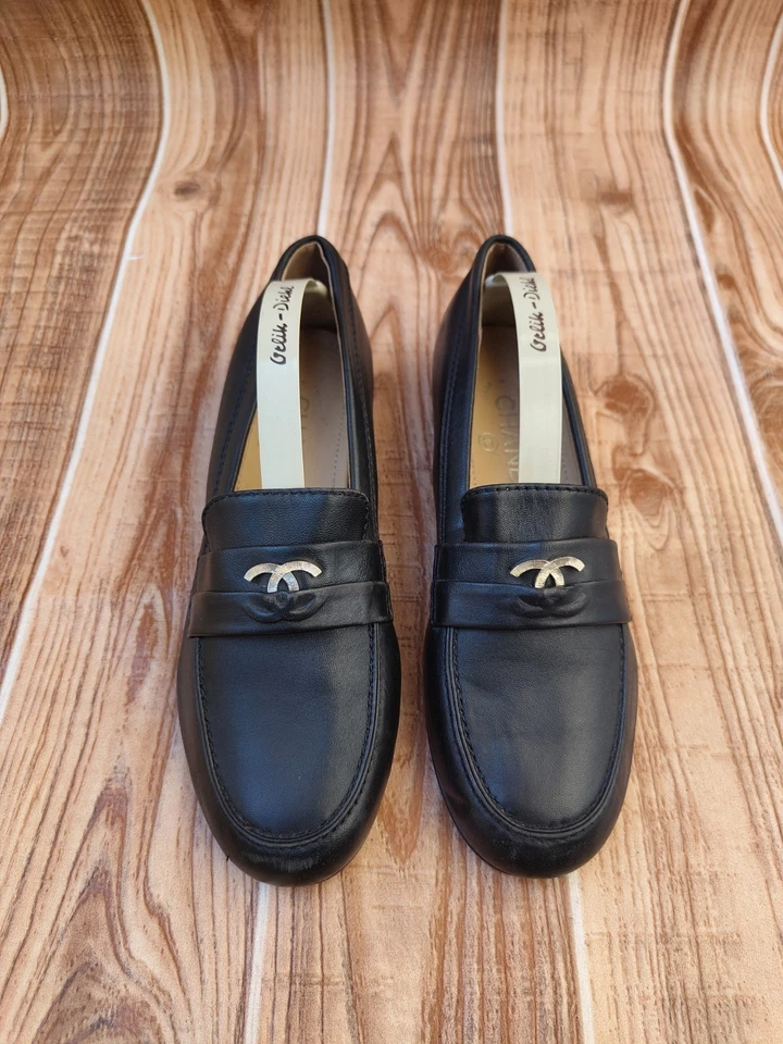 Chanel Coco Mark Black Gold Leather Interlocking CC Loafers EU 37C US 7 - Image 1 of 4