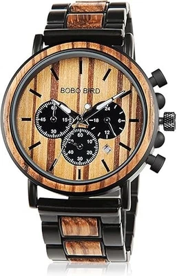 BOBO BIRD Hombre Cuartos Cronógrafo, Negro Inoxidable con Incrustaciones de Madera Real, Estuche 44mm Foto 1 de 4