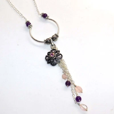 Colar de pedra preciosa flor ametista natural quartzo rosa frisado 18" GW - Imagem 1 de 3