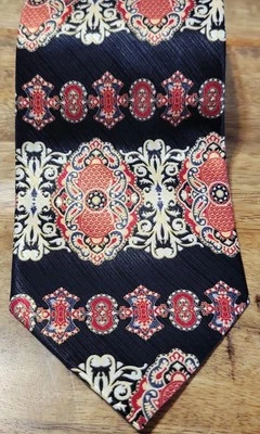 Gravata vintage John Blair floral gola de seda preta vermelha 4" de largura - Imagem 1 de 3