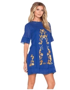 Free People Sz M Blue Pintucked Gauzy Perfectly Victorian Embroidered Dress - Picture 1 of 8