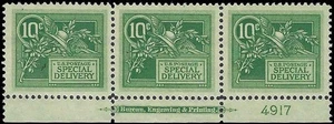 c1908 - #E7 1c Special Delivery Margin Strip of 3 - MNH, OG - Picture 1 of 2