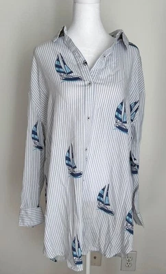 ¡NUEVO CON ETIQUETAS! Vestido Camisa Blue Island Velero Rayas Playa Natación Encubrimiento, Manga Larga, M Foto 1 de 4