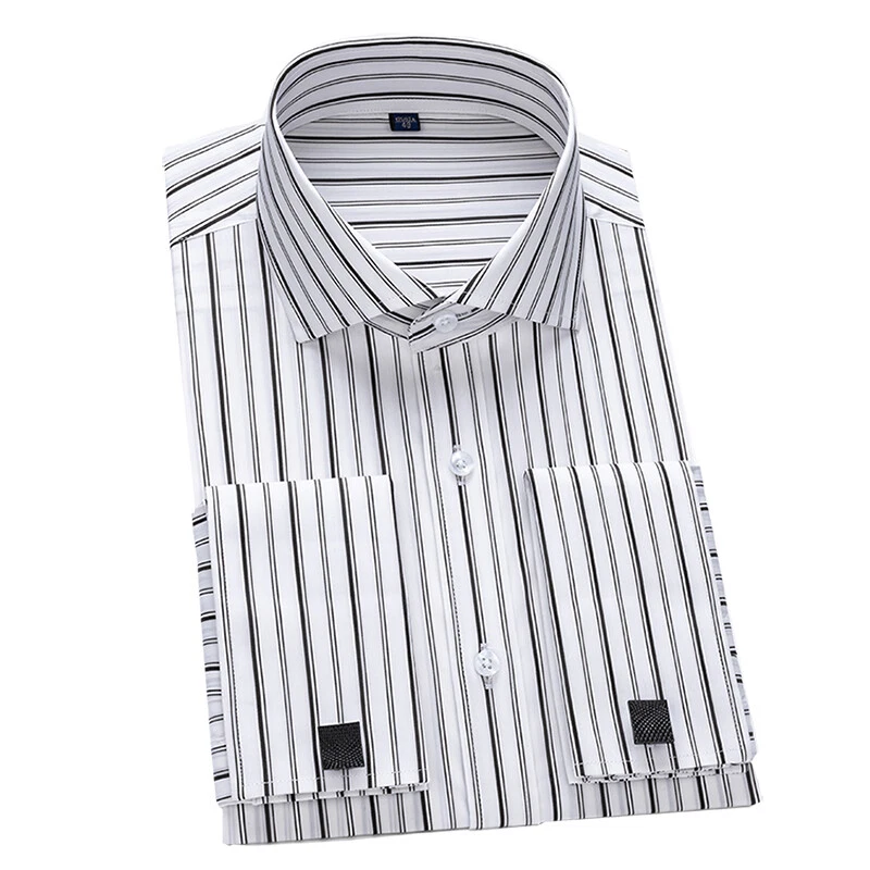 Mens Dress Shirts Luxury French Cuff Formal Business Cufflinks Strisp Shirts Top - Image 1 of 4