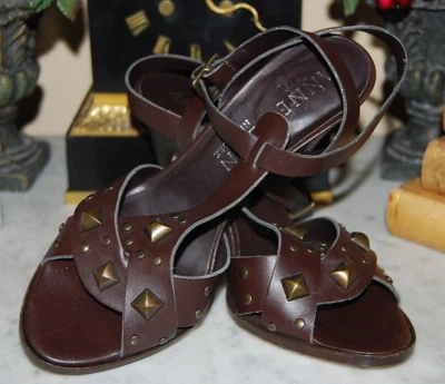 ANNE KLEIN ITALY BROWN LEATHER HIGH HEEL STUDDED STRAPS WOMEN SANDALS NWOB 7.5 M - Image 1 of 4