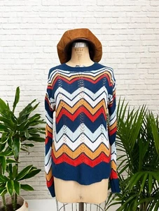 ✨Retro 70s Style Zig Zag Crochet Knit Sweater Acrylic Boho Hippie Pullover Large - Imagen 1 de 6