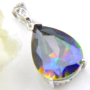 Rectangle Shaped Natural Rainbow Mystic Topaz gems Silver Gems Necklace Pendant - Picture 1 of 6