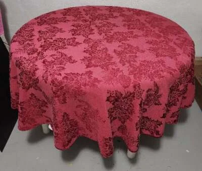 72" Round Target Solid Red On Red Print Cloth Tablecloth Berries Chysanthenum Pi - Image 1 of 4