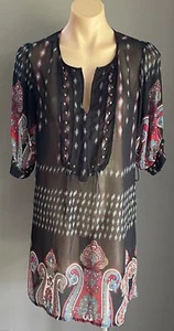 BARDOT Top Short Tunic Dress Navy & Paisley Print Brass Studs Semi Sheer Sz 14 - Picture 1 of 12