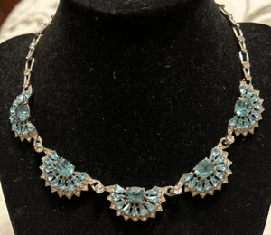 Gorgeous Vtg Joseph Wiesner N.Y. Sky Blue Rhinestone Silver Tone Necklace Signed - Picture 1 of 10