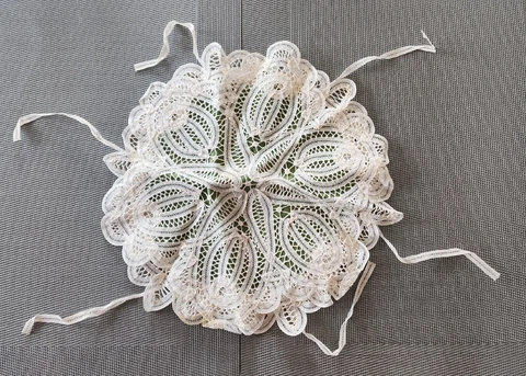 Vintage Bread Bun Basket Liner With Crocheted Accents White Olive Green 12" Cover